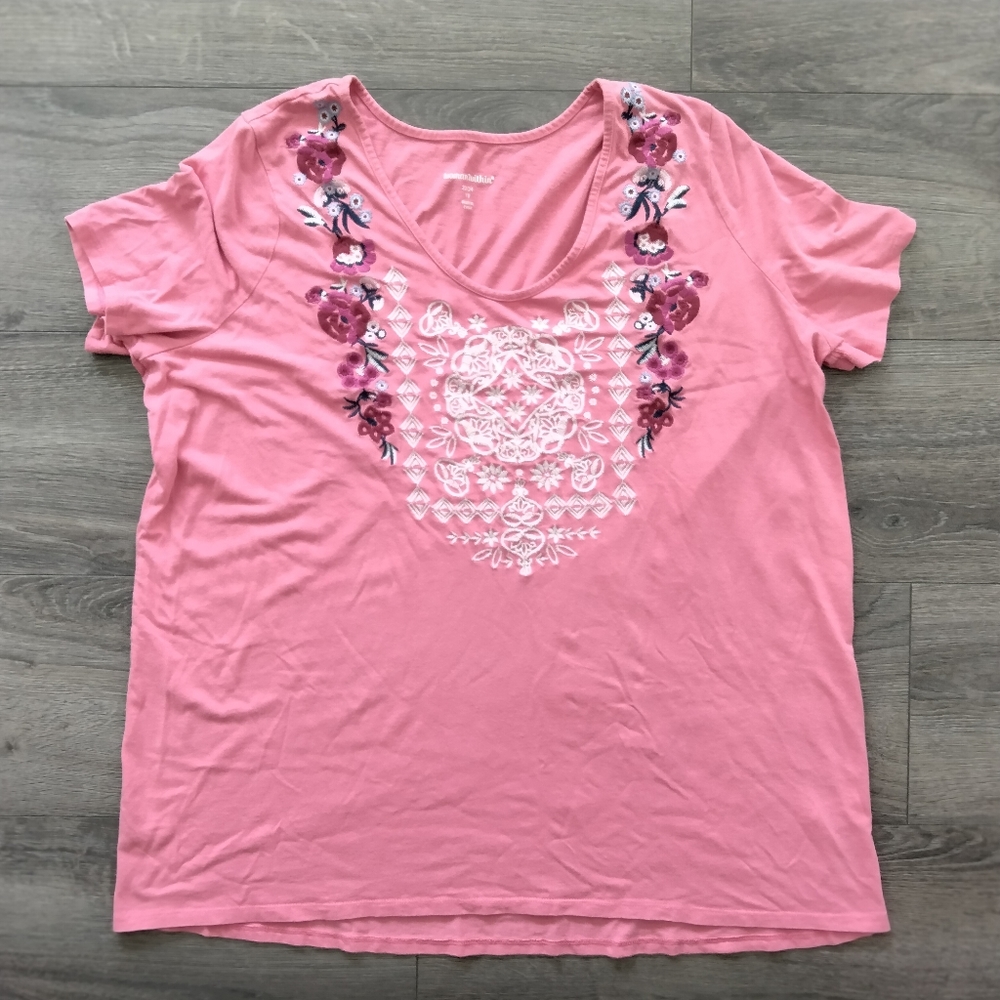 Woman Within Pink Embroidered Short Sleeve Top Blouse Plus Size 22/24 1X